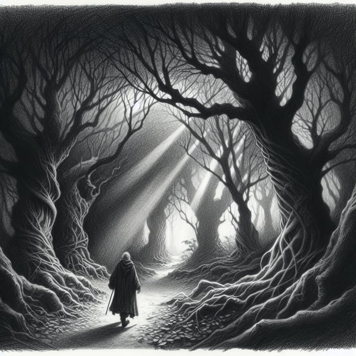 Ethereal Forest Walk: Dark Pencil Sketch of Elderly Man