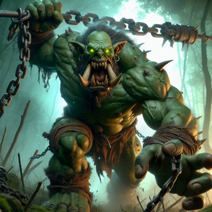 Menacing Ogre Swinging Iron Chain in Forest