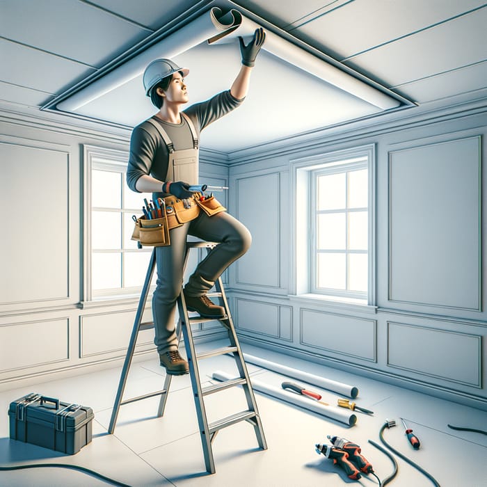 Professional Worker Installing Stretch Ceiling | Construction Site