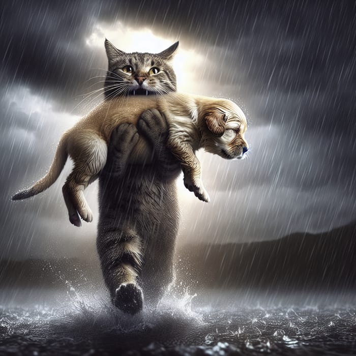 Cat Rescues Puppy in Brave Act in the Rain