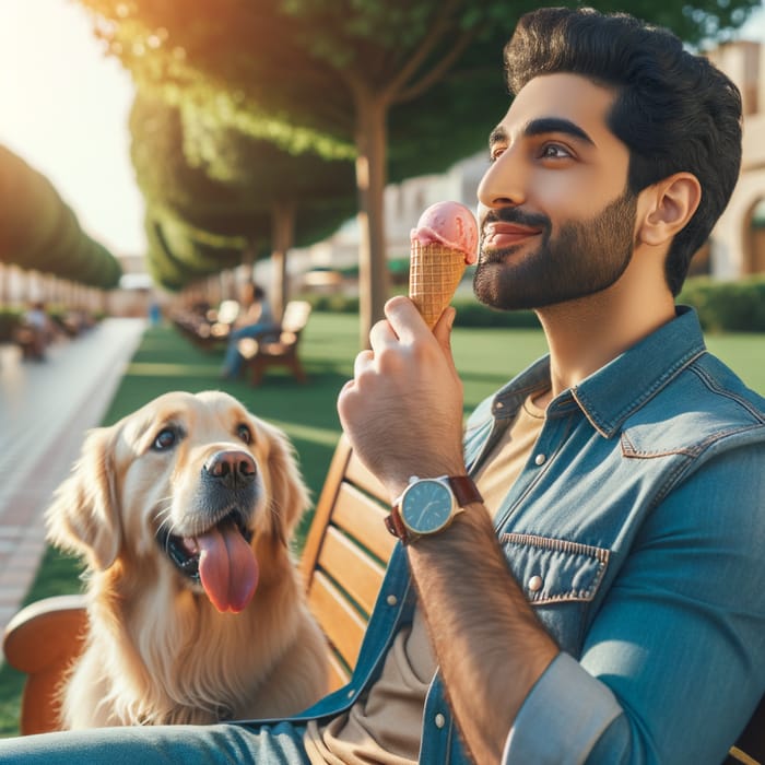 Man Sharing Strawberry Ice Cream with Adorable Dog in City Park
