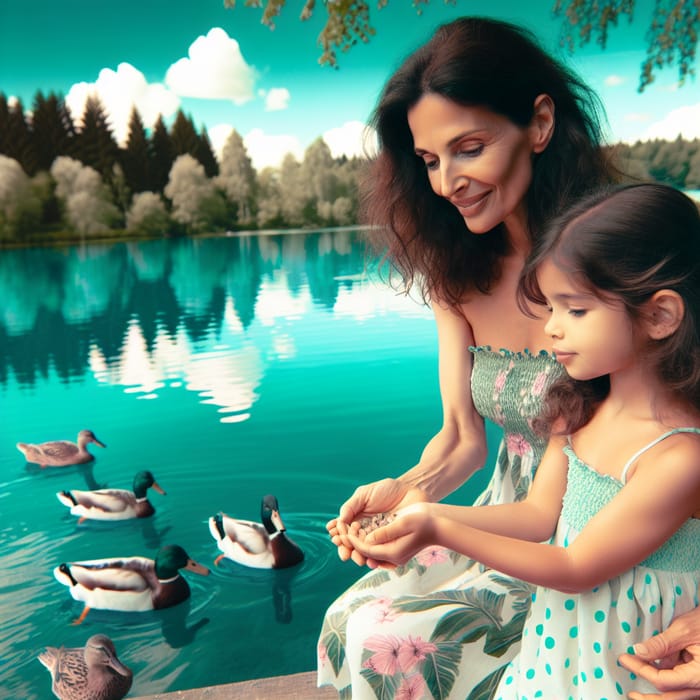 Tranquil Lakeside Moment with a Hispanic Mother and Daughter