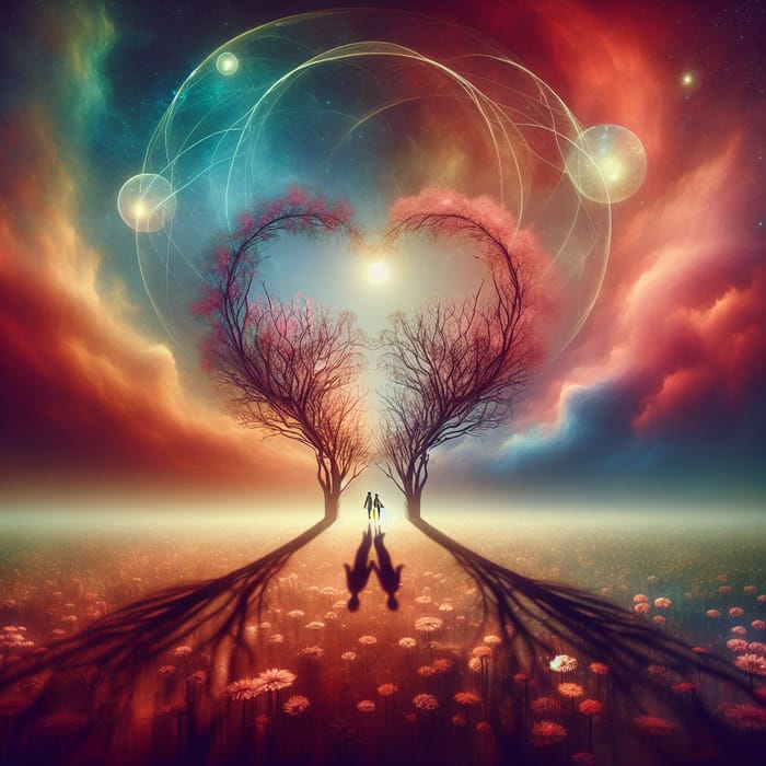 Dreamlike Love Scene | Ethereal Trees Forming Heart Shape | Mystical Elements