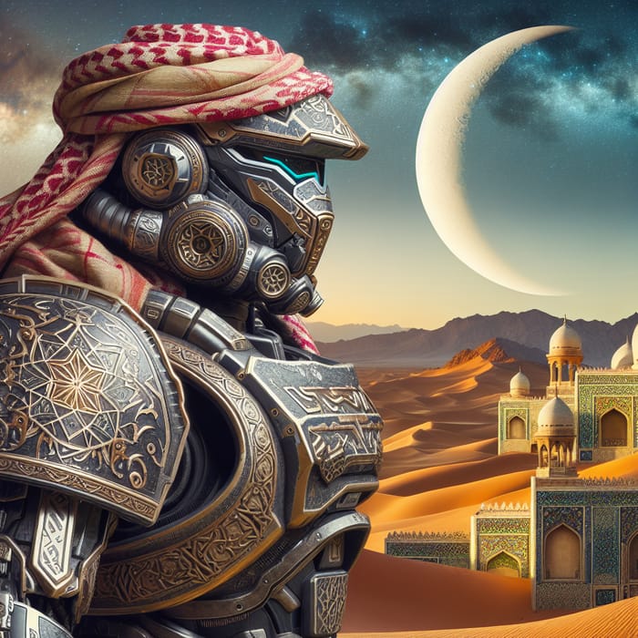 Space Marine Warrior in Islamic-Inspired Desert Scene