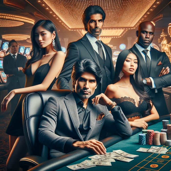 Luxurious Casino Owner Surrounded by Exotic Women & Vigilant Guards