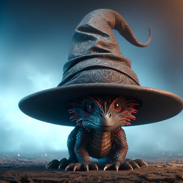 Fantastical Tiny Dragon with Shimmering Scales and Huge Wizard Hat