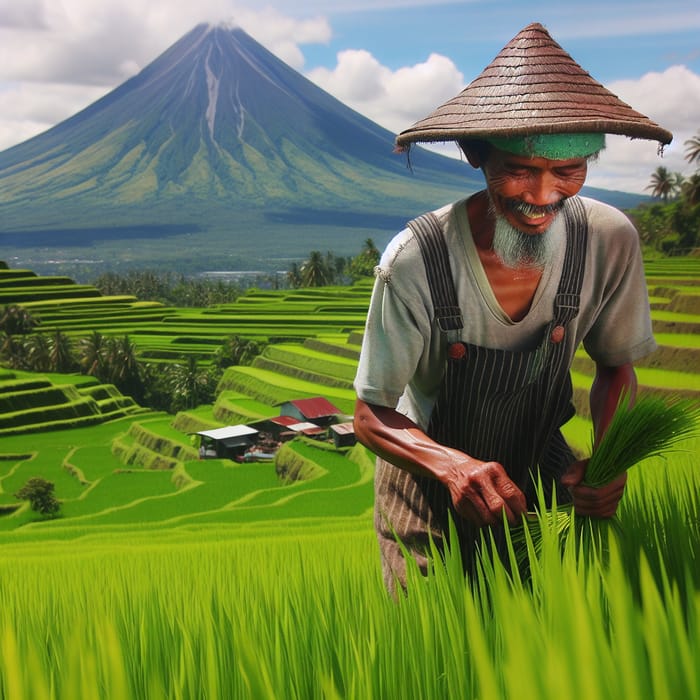 Filipino Farmer in Verdant Fields | Mount Mayon View