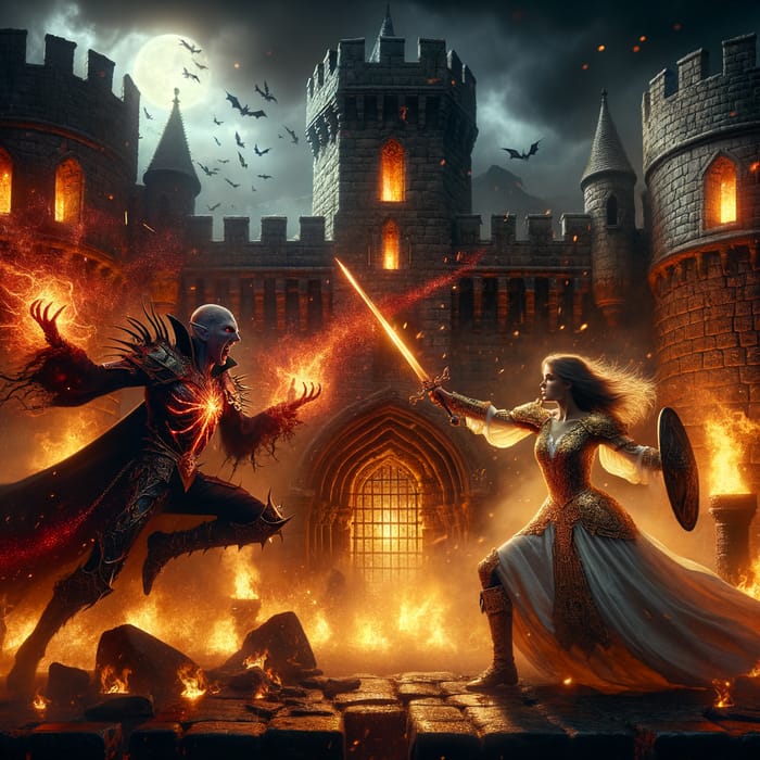 Epic Battle: Vampire Mage vs Paladin in Flaming Medieval Castle