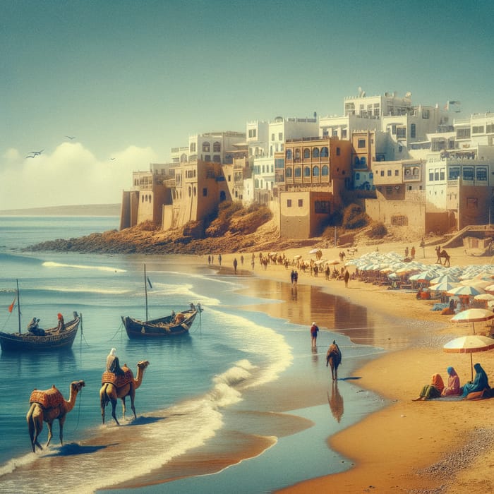Tranquil Beach Scene in Morocco | Coastal Houses, Camel Rides & Fishing Boats