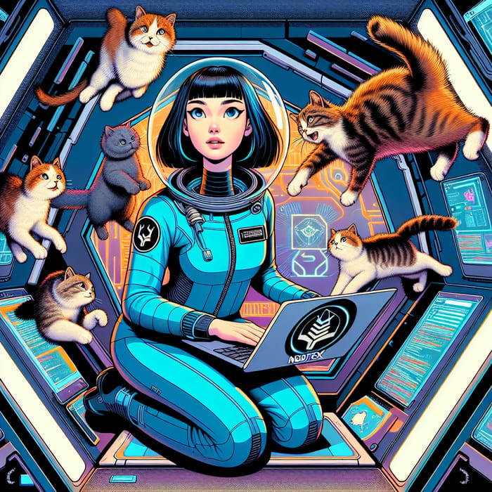 Futuristic Slavic Girl in Spaceship with Floating Cats | NEOFLEX Adventure