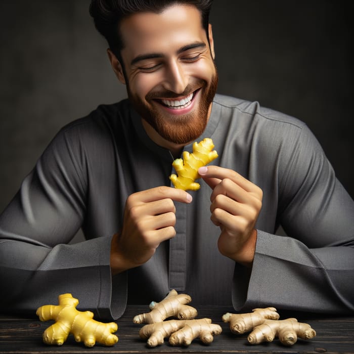 Middle Eastern Man Enjoying Bright Yellow Ginger - Delightful Image