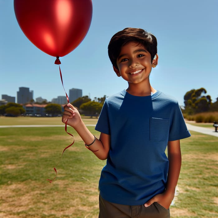 Cheerful Child with Red Balloon in the Park