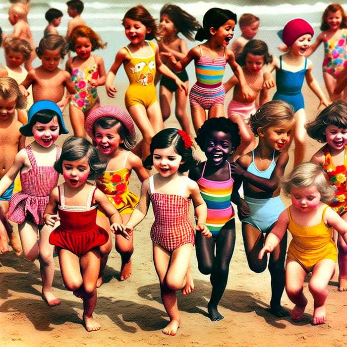 Joyful Little Girls Beach Fun | Colorful Swimsuits Vintage Vibes
