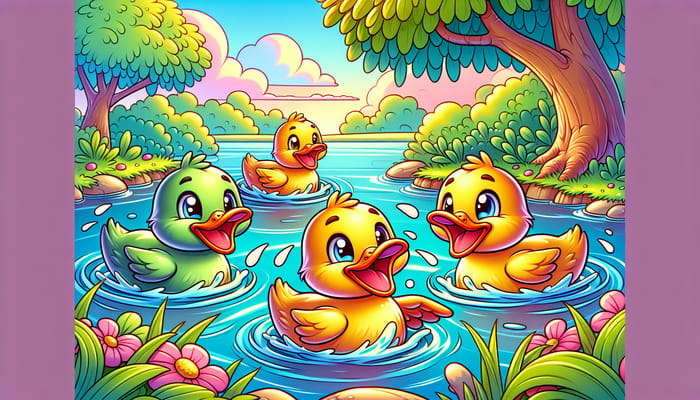 Captivating Cartoon Ducks in Vibrant Pond - Digital Art