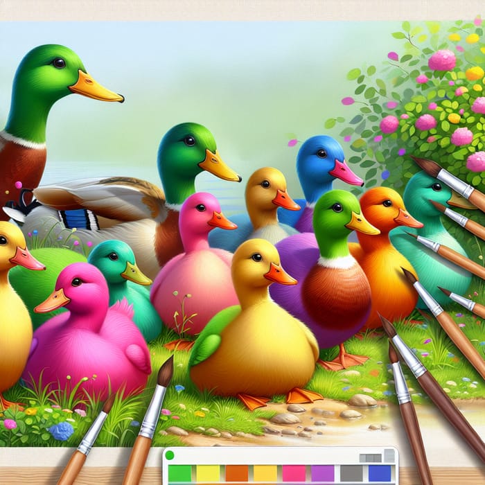 Whimsical Collection of Vibrant Ducks in Nature-Inspired Digital Painting