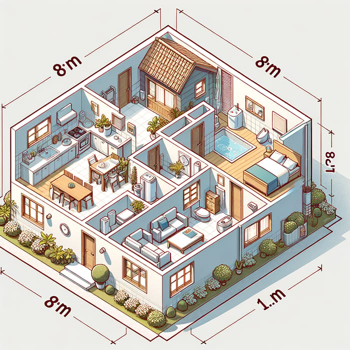 Isometric House Design: 8m x 8m Layout with Essentials