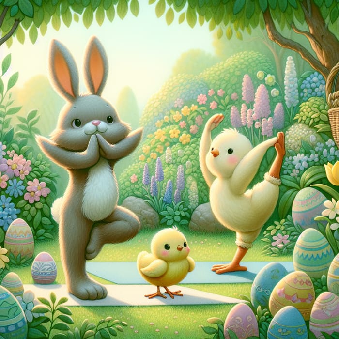 Playful Easter-themed Yoga Illustration with Bunny and Chick