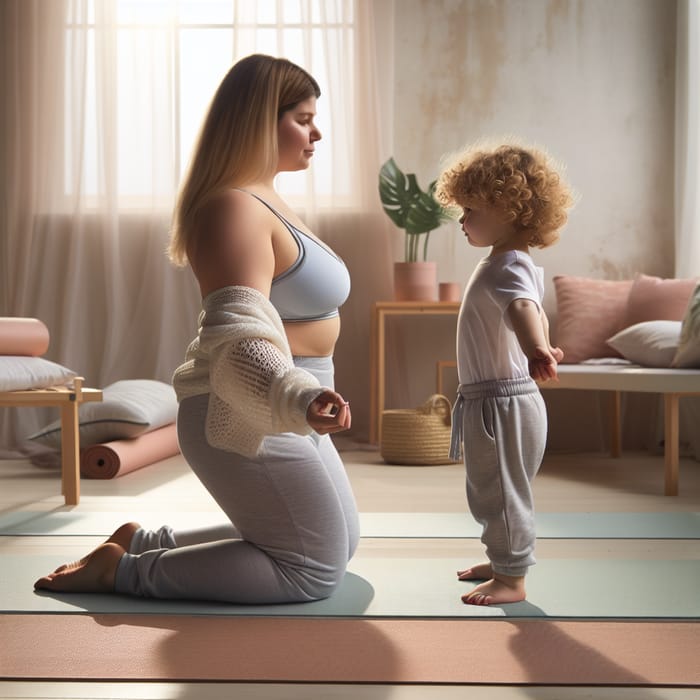 Plus Size Yoga Instructor Practising Iyengar Yoga with Curly Haired Toddler