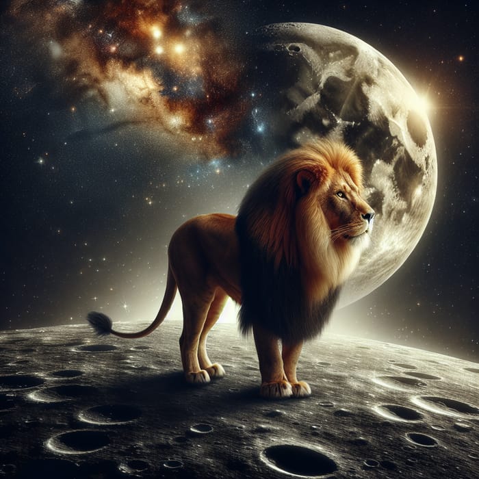 Majestic Lion on Moon Surface - Celestial Pride Captured