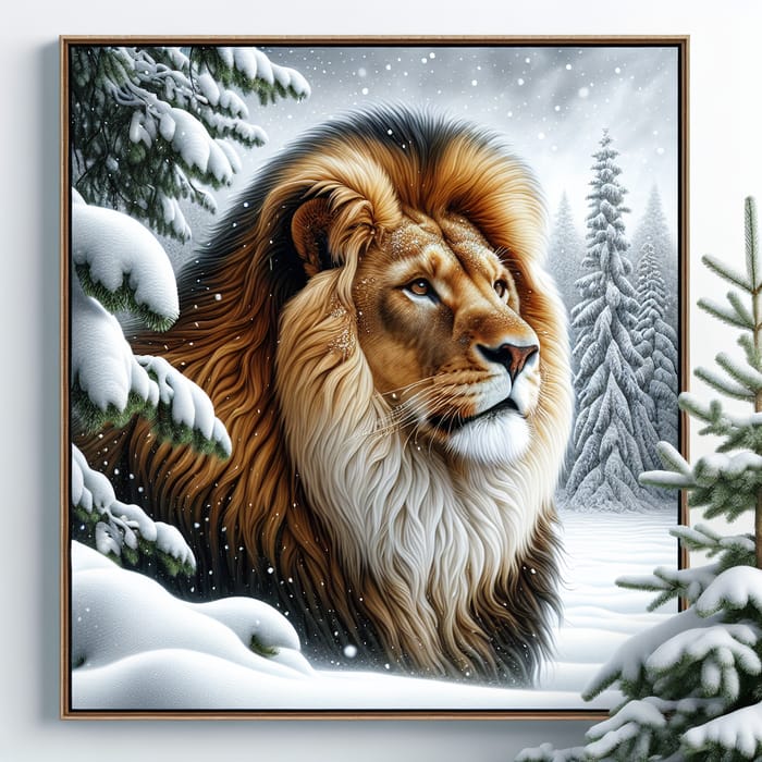 Majestic Lion in Snow: Tranquil Winter Scene
