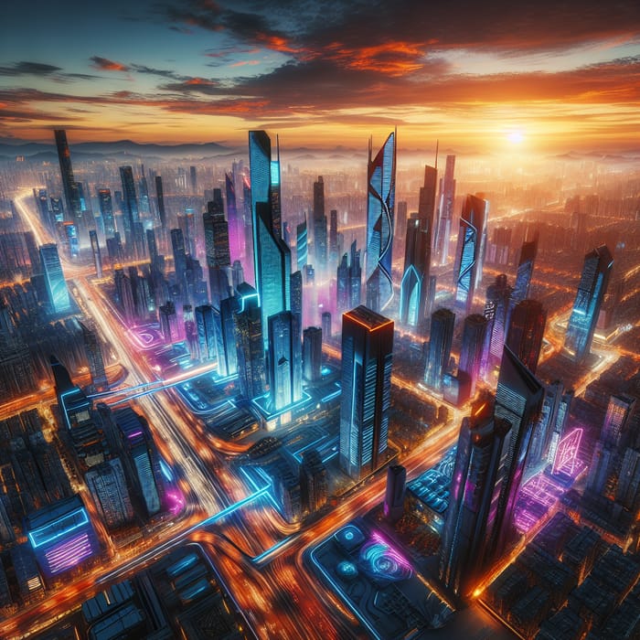 Vibrant Cyberpunk Cityscape at Sunset | Neon Lights & Sleek Architecture