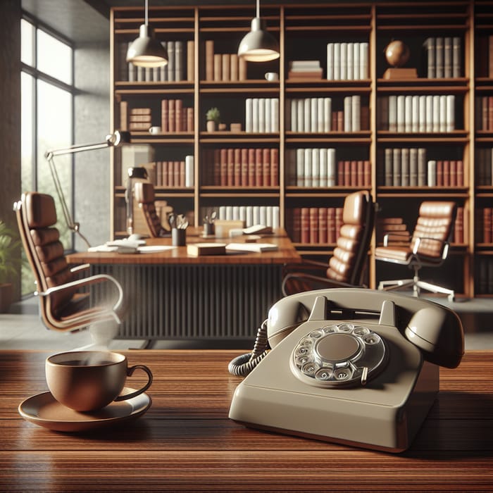 Modern Office Scene with Vintage Phone and Coffee