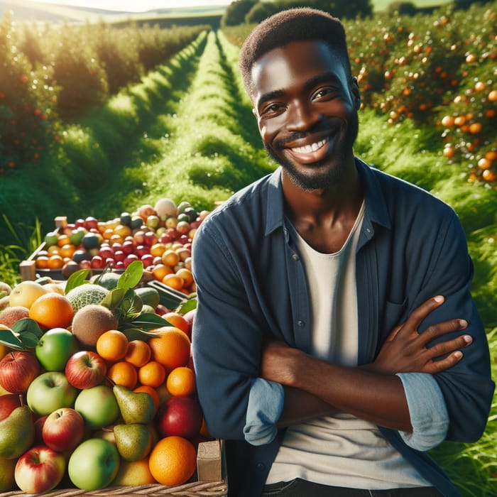 Happy Black Man in Green Field with Fruits and Joyful Smile