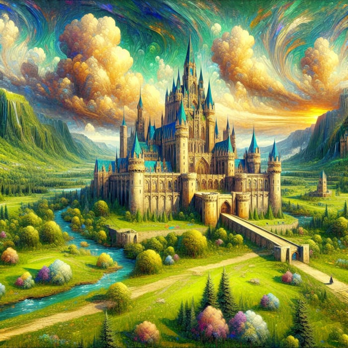 Fantasy Painting of Majestic Medieval Castle in Lush Green Landscape