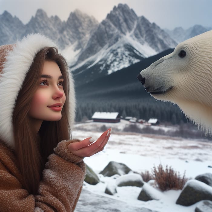 18-Year-Old Polish Girl and Polar Bear Enjoying Tatra Mountain Winter View