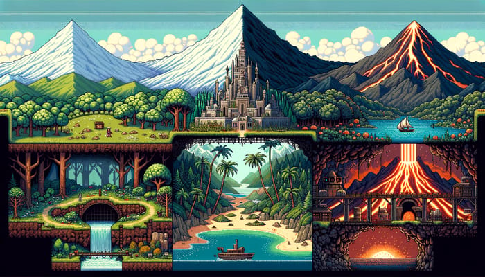 Adventure Pixel Landscape: Plain, Oak Forest, Castle, Beach, Volcano