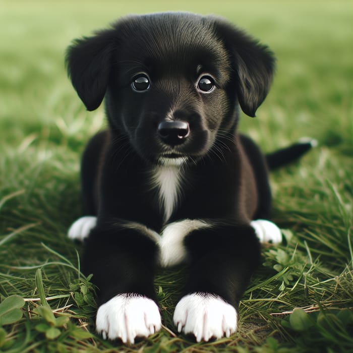 Cute Black Puppy with White Paws on Green Field