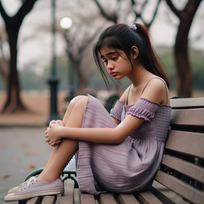 Sad young girl sitting alone on a grass outdoors,Sadness