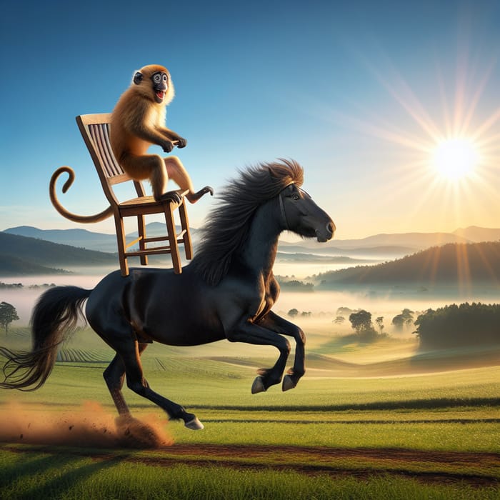 Monkey Riding Horse with Chair | A Playful Animal Scene