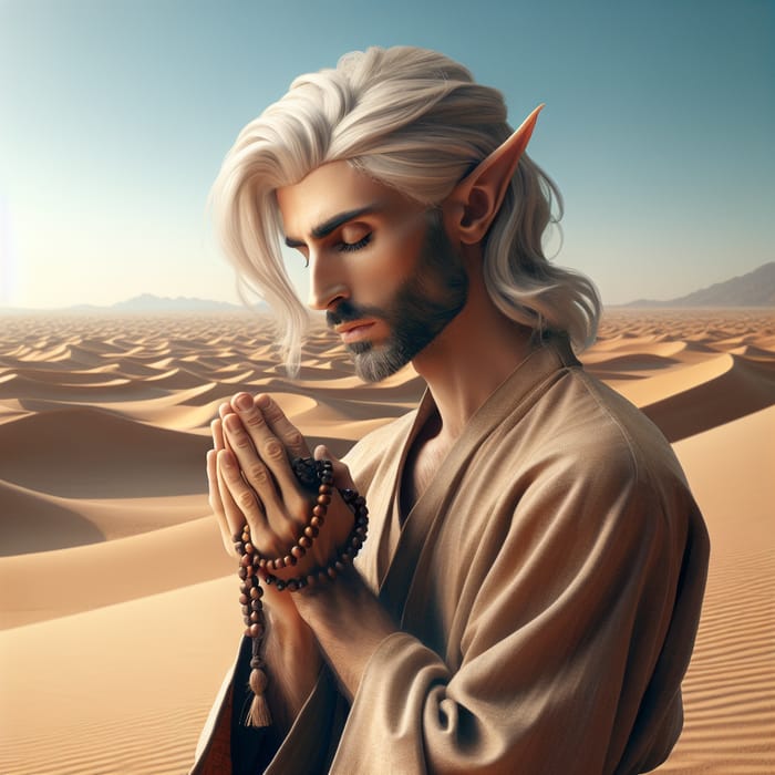 Male Elf Monk Praying in Tranquil Desert Landscape