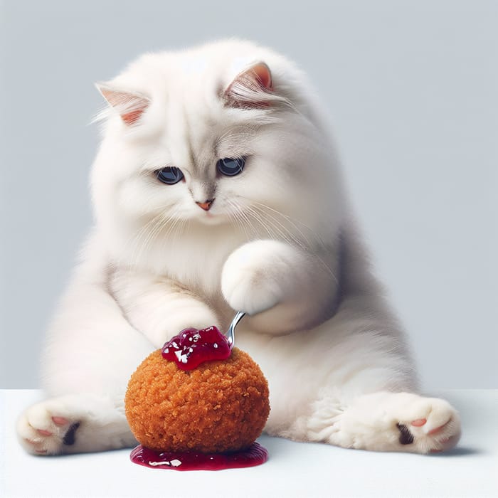 White Cat Enjoying Falafel with Jam