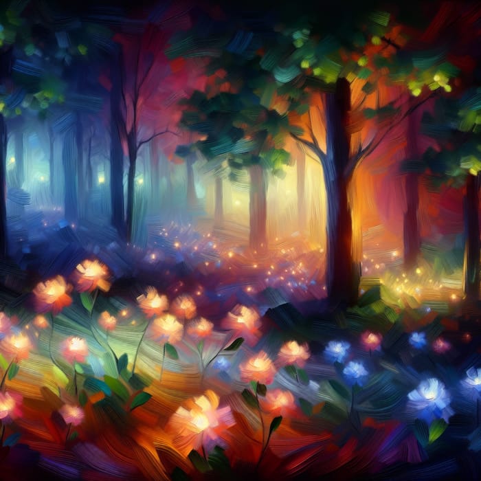 Mystical Forest with Glowing Flowers - Impressionist Style Painting in Digital Medium