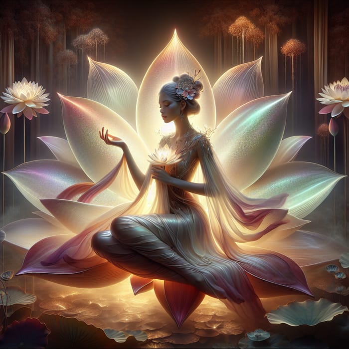 Ethereal Woman in Oversized Glowing Lotus Garden