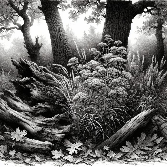 Intricate Ink Drawing of Autumn Oak Grove with Realist Influence