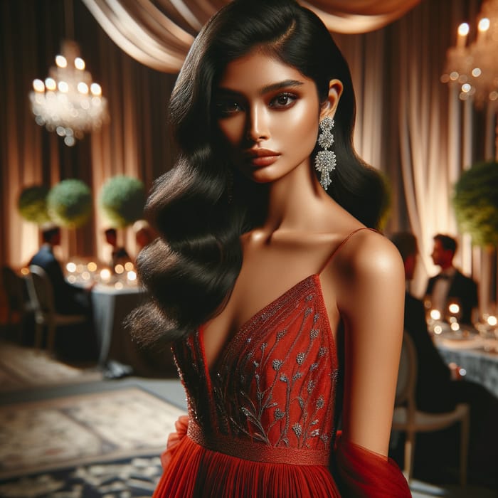 Serious Beautiful Woman in Red Dress - Elegant South Asian Lady at Evening Party