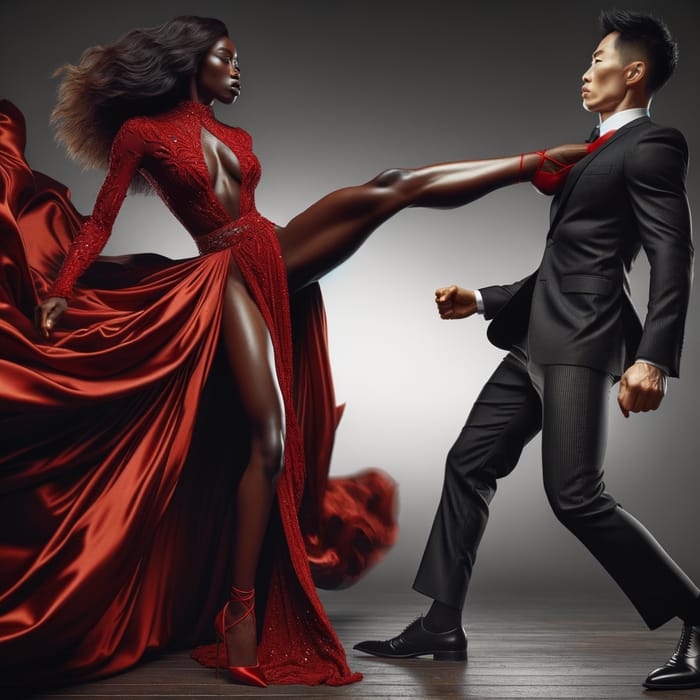 Woman in Red Dress Delivers High Kick to Man