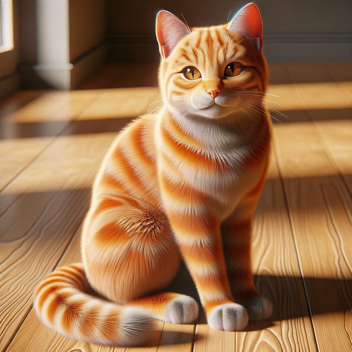 Adorable Orange Tabby Cat Sitting on Wood Floor