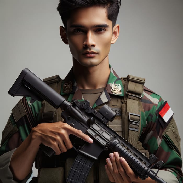 Indonesian Soldier in Full Military Uniform with Weapon