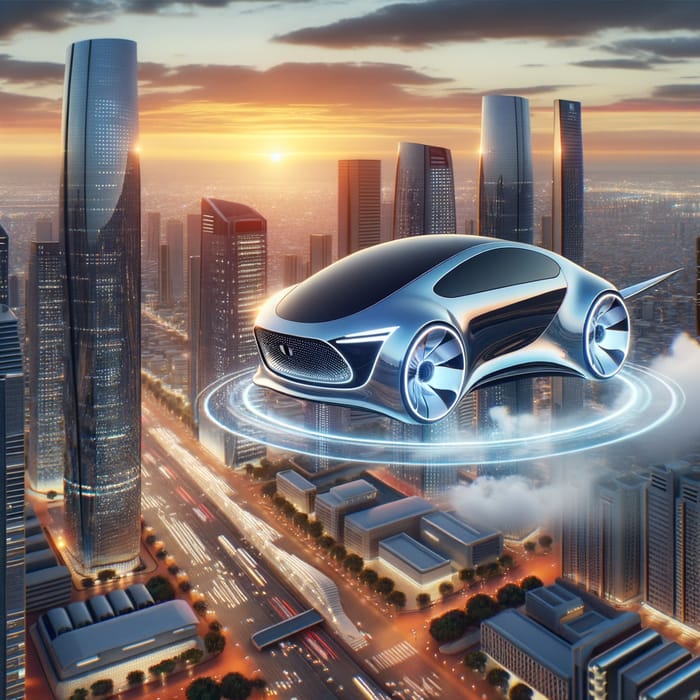 Flying Car Soaring Over Cityscape - Futuristic Scene