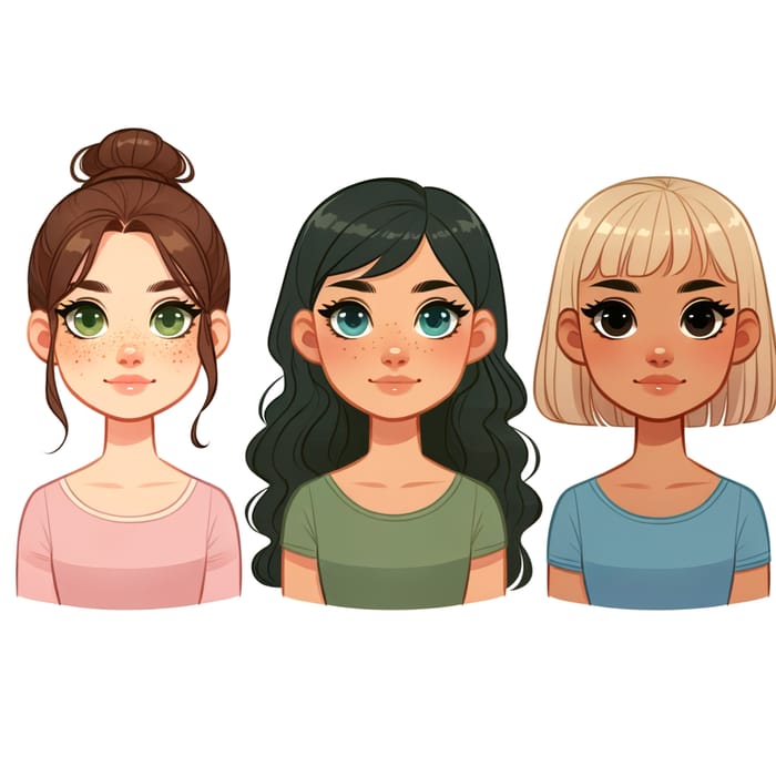 Cartoon Illustration of Three Diverse Girls