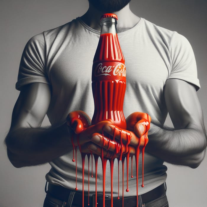 Man Holding Soda Bottle With Red Dripping Liquid