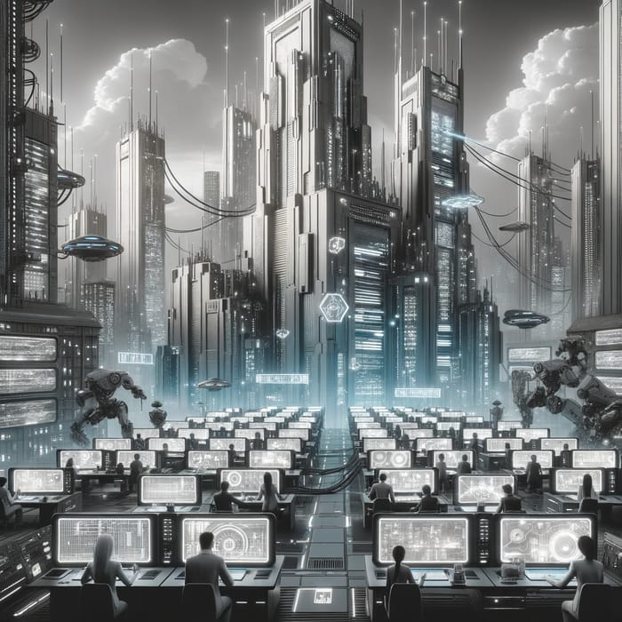 Futuristic Networking in Cyberpunk City - Grayscale Aesthetic