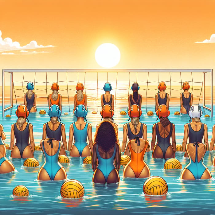 Diverse Women's Water Polo Match on Beach with Colorful Team