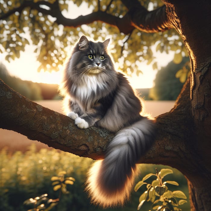 Grey and White Cat on Tree Branch | Tranquil Autumn Scene