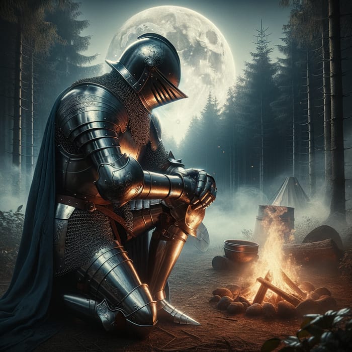 Medieval Knight in Shining Armor Kneeling by Campfire