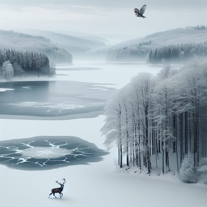 Winter Nature Scene: Snow, Forest, Lake, Wildlife